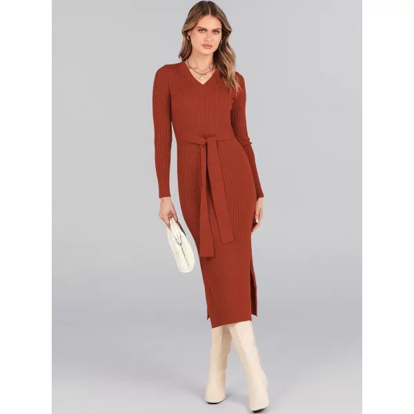 Caracilia Women's 2023 Long Sleeve Sweater Dress Elegant V Neck Slim Fit Side Slit Midi Fall Winter Dress with Belt