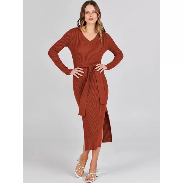 Caracilia Women's 2023 Long Sleeve Sweater Dress Elegant V Neck Slim Fit Side Slit Midi Fall Winter Dress with Belt