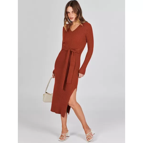 Caracilia Women's 2023 Long Sleeve Sweater Dress Elegant V Neck Slim Fit Side Slit Midi Fall Winter Dress with Belt