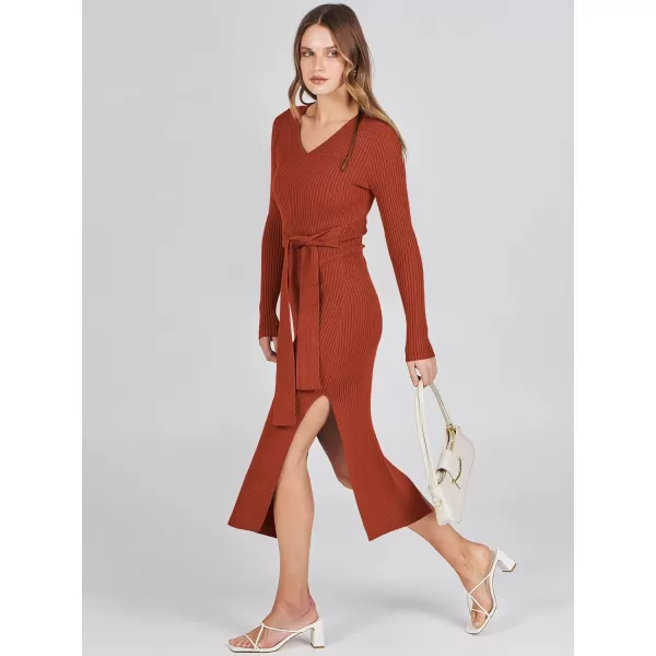 Caracilia Women's 2023 Long Sleeve Sweater Dress Elegant V Neck Slim Fit Side Slit Midi Fall Winter Dress with Belt