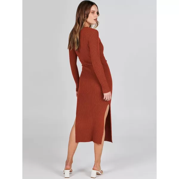 Caracilia Women's 2023 Long Sleeve Sweater Dress Elegant V Neck Slim Fit Side Slit Midi Fall Winter Dress with Belt