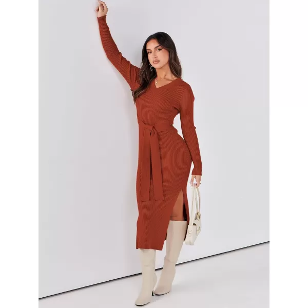 Caracilia Women's 2023 Long Sleeve Sweater Dress Elegant V Neck Slim Fit Side Slit Midi Fall Winter Dress with Belt