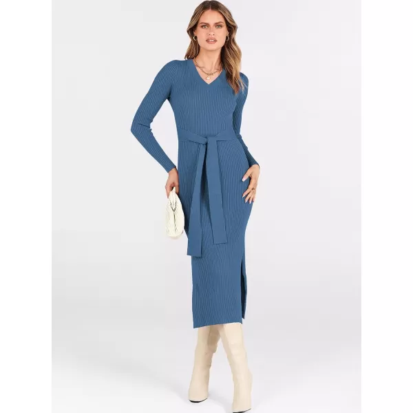 Caracilia Women's 2023 Long Sleeve Sweater Dress Elegant V Neck Slim Fit Side Slit Midi Fall Winter Dress with Belt