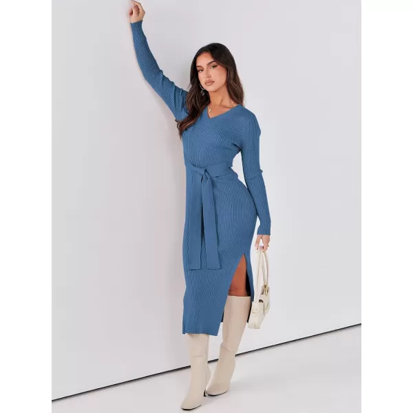 Caracilia Women's 2023 Long Sleeve Sweater Dress Elegant V Neck Slim Fit Side Slit Midi Fall Winter Dress with Belt