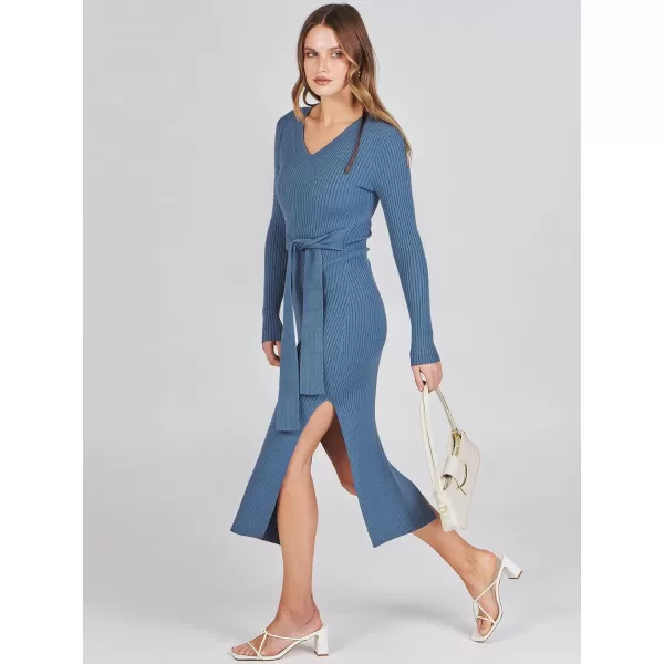 Caracilia Women's 2023 Long Sleeve Sweater Dress Elegant V Neck Slim Fit Side Slit Midi Fall Winter Dress with Belt
