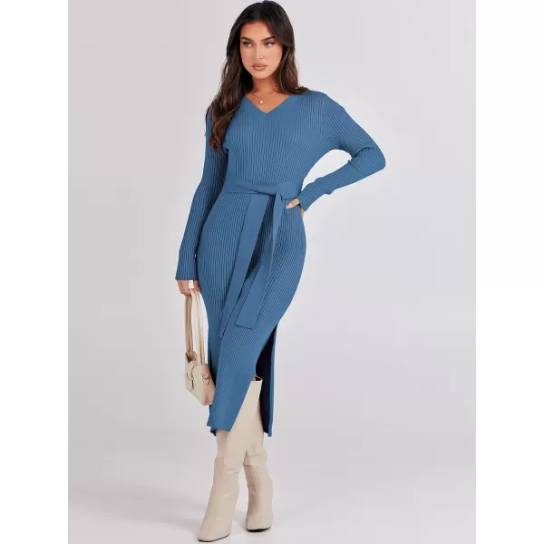 Caracilia Women's 2023 Long Sleeve Sweater Dress Elegant V Neck Slim Fit Side Slit Midi Fall Winter Dress with Belt