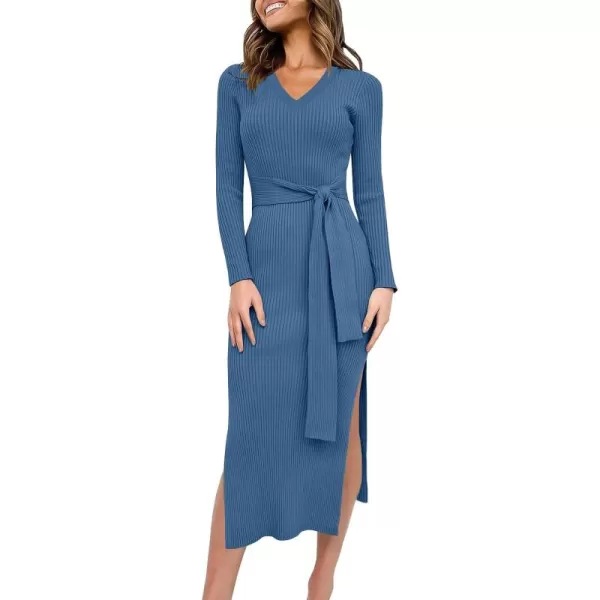 Caracilia Women's 2023 Long Sleeve Sweater Dress Elegant V Neck Slim Fit Side Slit Midi Fall Winter Dress with Belt