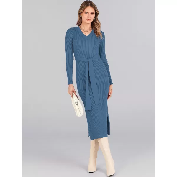 Caracilia Women's 2023 Long Sleeve Sweater Dress Elegant V Neck Slim Fit Side Slit Midi Fall Winter Dress with Belt