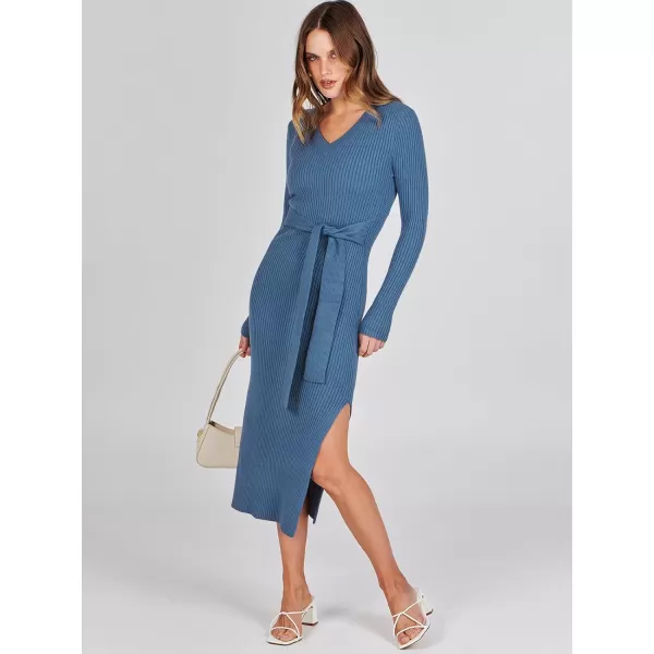 Caracilia Women's 2023 Long Sleeve Sweater Dress Elegant V Neck Slim Fit Side Slit Midi Fall Winter Dress with Belt