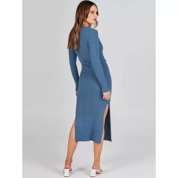 Caracilia Women's 2023 Long Sleeve Sweater Dress Elegant V Neck Slim Fit Side Slit Midi Fall Winter Dress with Belt