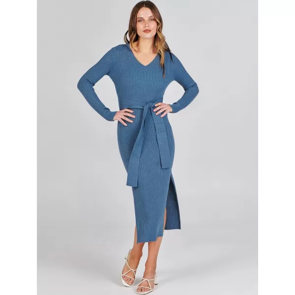 Caracilia Women's 2023 Long Sleeve Sweater Dress Elegant V Neck Slim Fit Side Slit Midi Fall Winter Dress with Belt