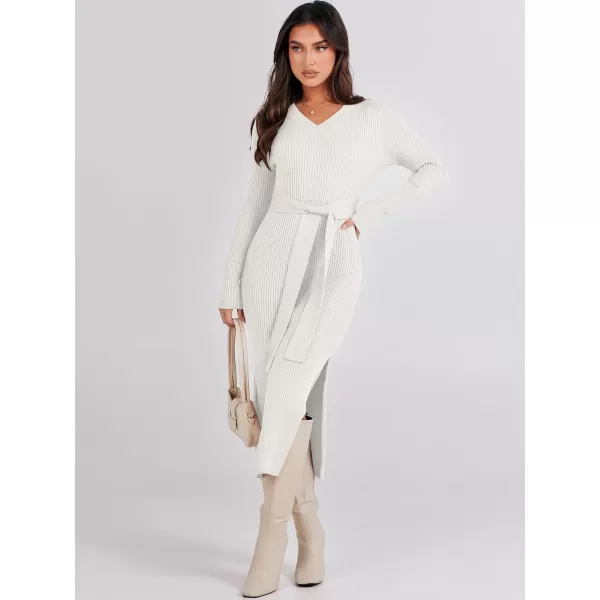 Caracilia Women's 2023 Long Sleeve Sweater Dress Elegant V Neck Slim Fit Side Slit Midi Fall Winter Dress with Belt