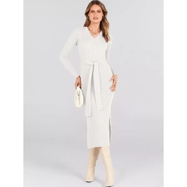 Caracilia Women's 2023 Long Sleeve Sweater Dress Elegant V Neck Slim Fit Side Slit Midi Fall Winter Dress with Belt
