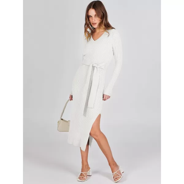 Caracilia Women's 2023 Long Sleeve Sweater Dress Elegant V Neck Slim Fit Side Slit Midi Fall Winter Dress with Belt