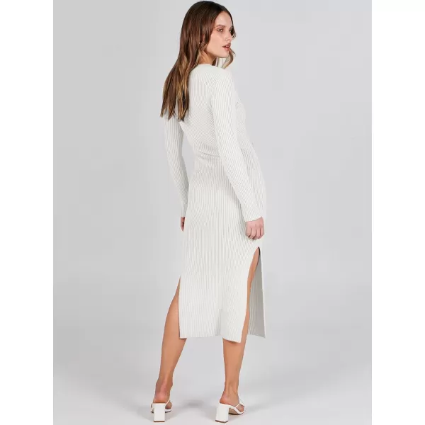 Caracilia Women's 2023 Long Sleeve Sweater Dress Elegant V Neck Slim Fit Side Slit Midi Fall Winter Dress with Belt