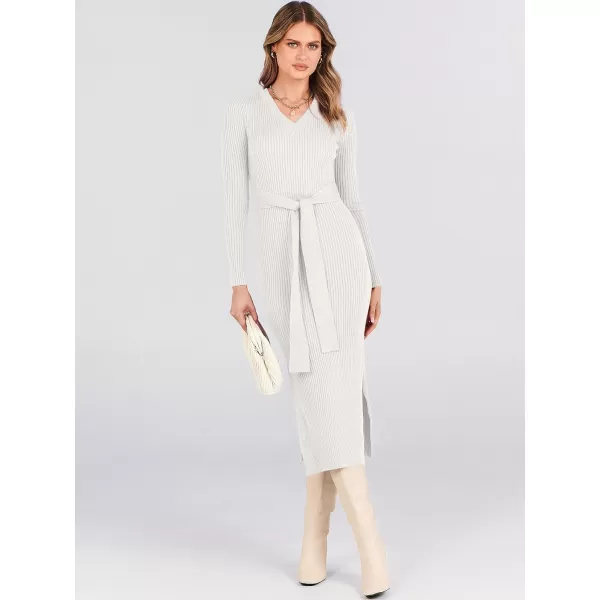 Caracilia Women's 2023 Long Sleeve Sweater Dress Elegant V Neck Slim Fit Side Slit Midi Fall Winter Dress with Belt