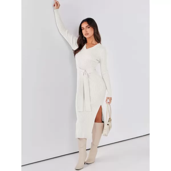 Caracilia Women's 2023 Long Sleeve Sweater Dress Elegant V Neck Slim Fit Side Slit Midi Fall Winter Dress with Belt