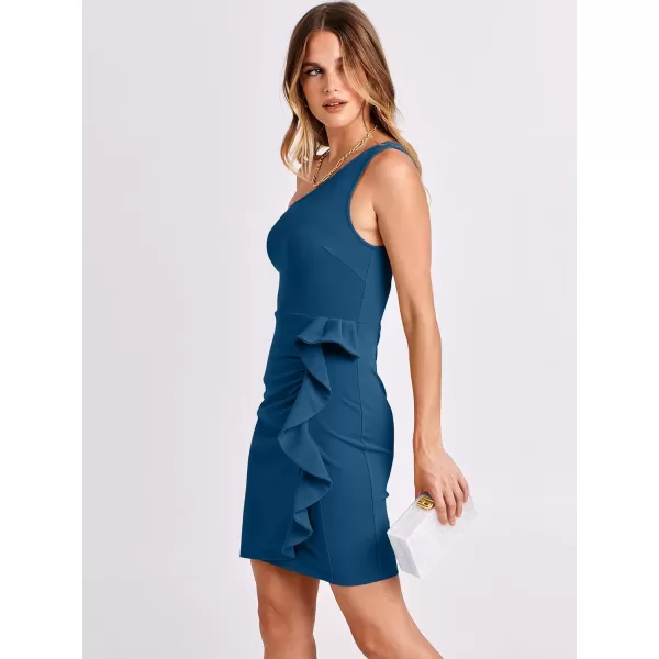 Caracilia Women's 2023 Summer One Shoulder Sleeveless Sexy Bodycon High Waist Ruched Ruffle Hem Formal Pencil Mini Dresses