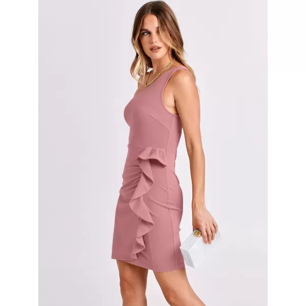 Caracilia Women's 2023 Summer One Shoulder Sleeveless Sexy Bodycon High Waist Ruched Ruffle Hem Formal Pencil Mini Dresses
