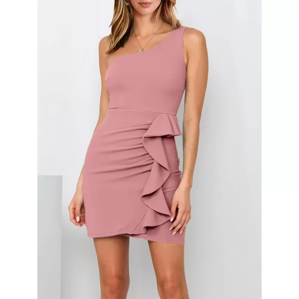 Caracilia Women's 2023 Summer One Shoulder Sleeveless Sexy Bodycon High Waist Ruched Ruffle Hem Formal Pencil Mini Dresses