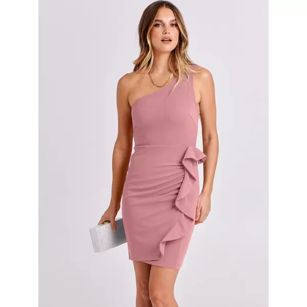 Caracilia Women's 2023 Summer One Shoulder Sleeveless Sexy Bodycon High Waist Ruched Ruffle Hem Formal Pencil Mini Dresses
