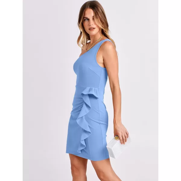 Caracilia Women's 2023 Summer One Shoulder Sleeveless Sexy Bodycon High Waist Ruched Ruffle Hem Formal Pencil Mini Dresses