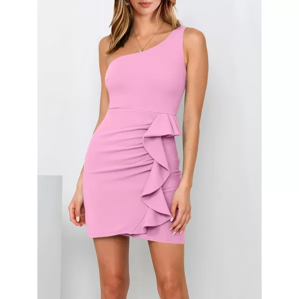 Caracilia Women's 2023 Summer One Shoulder Sleeveless Sexy Bodycon High Waist Ruched Ruffle Hem Formal Pencil Mini Dresses