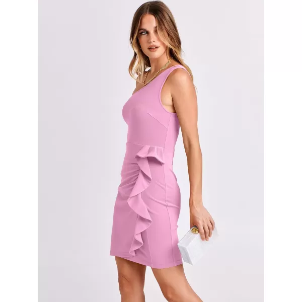 Caracilia Women's 2023 Summer One Shoulder Sleeveless Sexy Bodycon High Waist Ruched Ruffle Hem Formal Pencil Mini Dresses