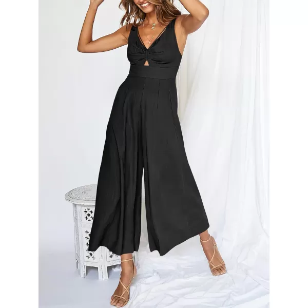 Caracilia Women's 2023 Summer Wide Leg Jumpsuits Adjustable Straps V Neck Cutout Linen Rompers with Pockets
