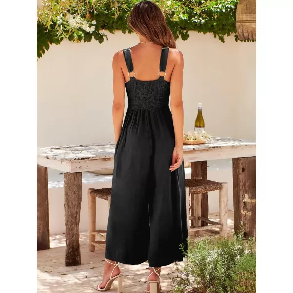 Caracilia Women's 2023 Summer Wide Leg Jumpsuits Adjustable Straps V Neck Cutout Linen Rompers with Pockets