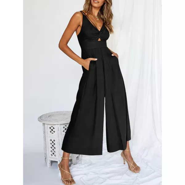 Caracilia Women's 2023 Summer Wide Leg Jumpsuits Adjustable Straps V Neck Cutout Linen Rompers with Pockets