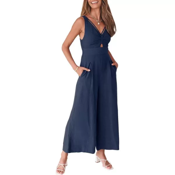 Caracilia Women's 2023 Summer Wide Leg Jumpsuits Adjustable Straps V Neck Cutout Linen Rompers with Pockets