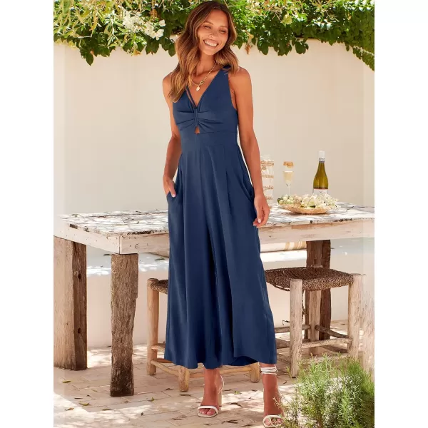 Caracilia Women's 2023 Summer Wide Leg Jumpsuits Adjustable Straps V Neck Cutout Linen Rompers with Pockets