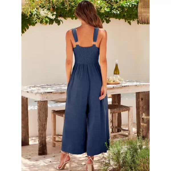 Caracilia Women's 2023 Summer Wide Leg Jumpsuits Adjustable Straps V Neck Cutout Linen Rompers with Pockets