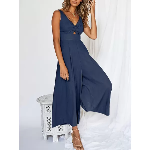 Caracilia Women's 2023 Summer Wide Leg Jumpsuits Adjustable Straps V Neck Cutout Linen Rompers with Pockets