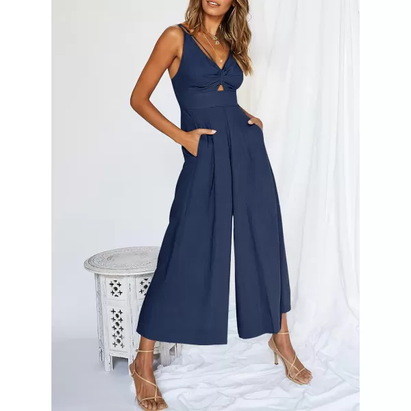Caracilia Women's 2023 Summer Wide Leg Jumpsuits Adjustable Straps V Neck Cutout Linen Rompers with Pockets