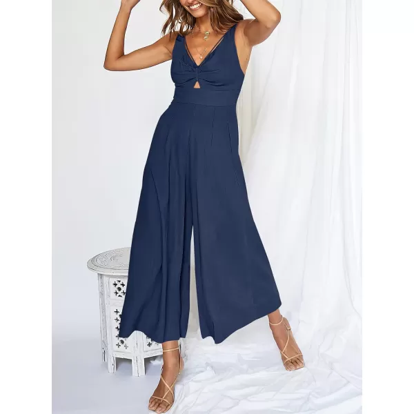 Caracilia Women's 2023 Summer Wide Leg Jumpsuits Adjustable Straps V Neck Cutout Linen Rompers with Pockets