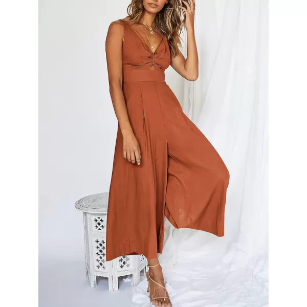 Caracilia Women's 2023 Summer Wide Leg Jumpsuits Adjustable Straps V Neck Cutout Linen Rompers with Pockets