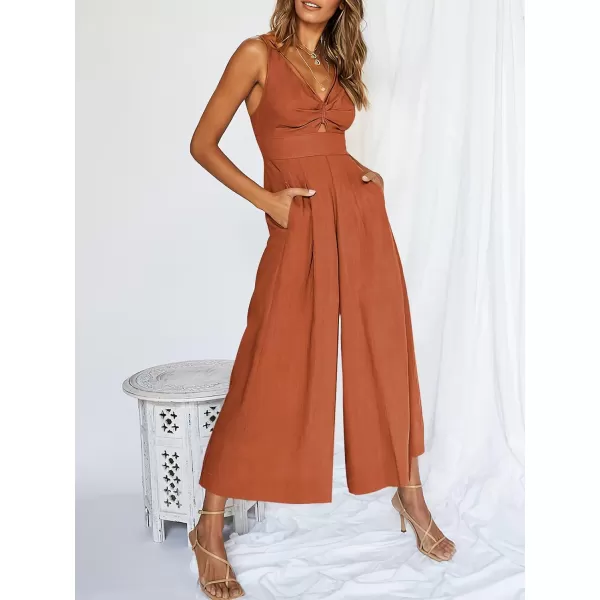 Caracilia Women's 2023 Summer Wide Leg Jumpsuits Adjustable Straps V Neck Cutout Linen Rompers with Pockets