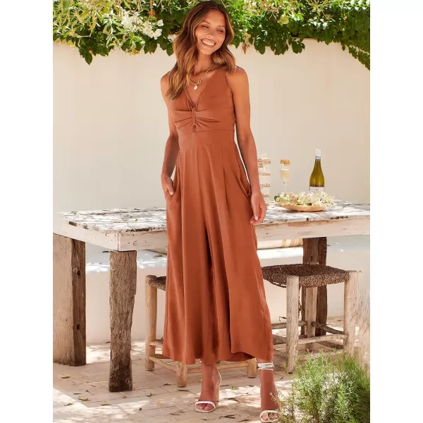 Caracilia Women's 2023 Summer Wide Leg Jumpsuits Adjustable Straps V Neck Cutout Linen Rompers with Pockets