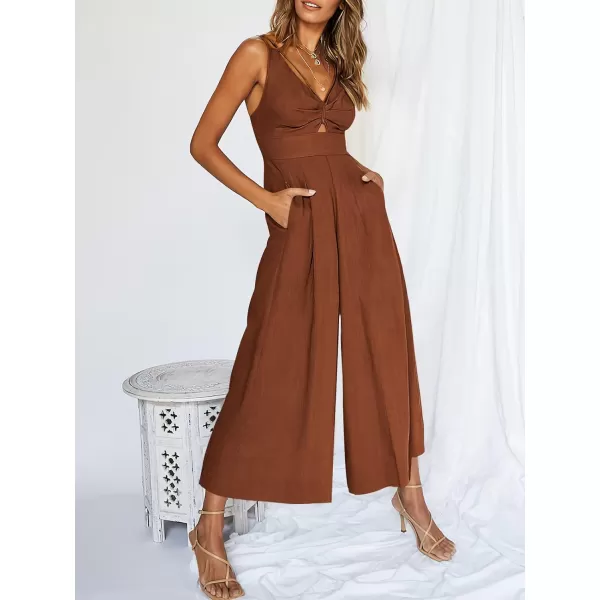 Caracilia Women's 2023 Summer Wide Leg Jumpsuits Adjustable Straps V Neck Cutout Linen Rompers with Pockets