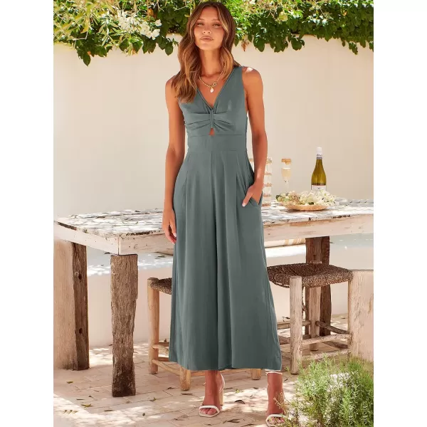 Caracilia Women's 2023 Summer Wide Leg Jumpsuits Adjustable Straps V Neck Cutout Linen Rompers with Pockets