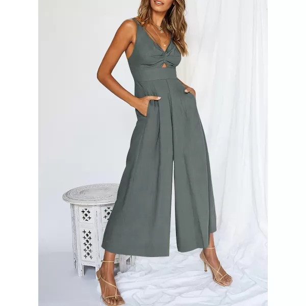 Caracilia Women's 2023 Summer Wide Leg Jumpsuits Adjustable Straps V Neck Cutout Linen Rompers with Pockets