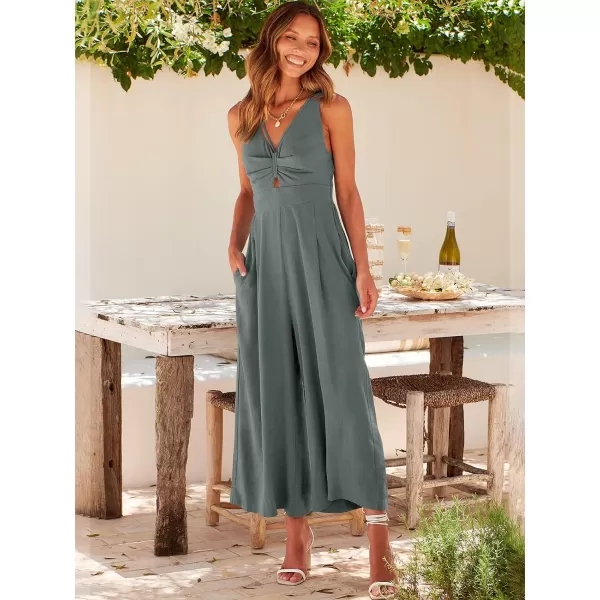 Caracilia Women's 2023 Summer Wide Leg Jumpsuits Adjustable Straps V Neck Cutout Linen Rompers with Pockets