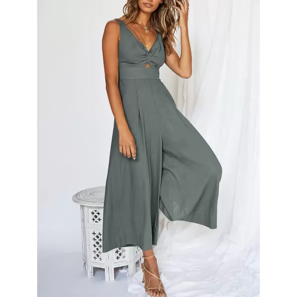 Caracilia Women's 2023 Summer Wide Leg Jumpsuits Adjustable Straps V Neck Cutout Linen Rompers with Pockets