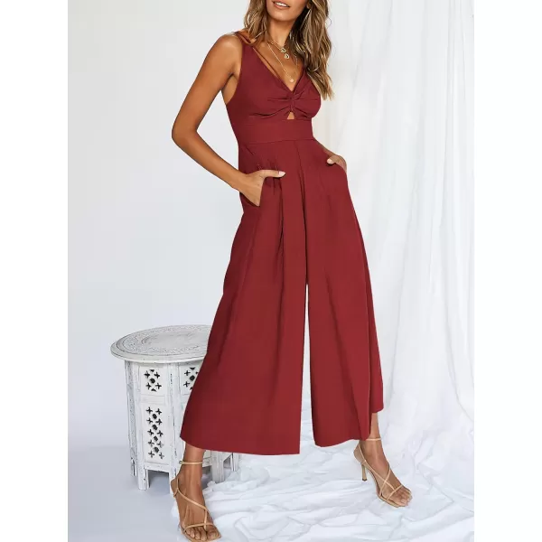 Caracilia Women's 2023 Summer Wide Leg Jumpsuits Adjustable Straps V Neck Cutout Linen Rompers with Pockets