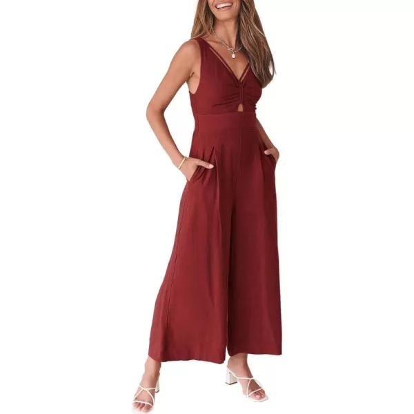 Caracilia Women's 2023 Summer Wide Leg Jumpsuits Adjustable Straps V Neck Cutout Linen Rompers with Pockets