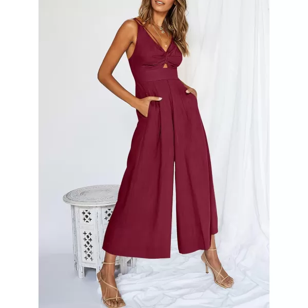 Caracilia Women's 2023 Summer Wide Leg Jumpsuits Adjustable Straps V Neck Cutout Linen Rompers with Pockets