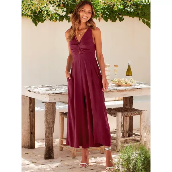 Caracilia Women's 2023 Summer Wide Leg Jumpsuits Adjustable Straps V Neck Cutout Linen Rompers with Pockets