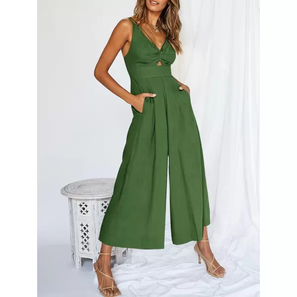 Caracilia Women's 2023 Summer Wide Leg Jumpsuits Adjustable Straps V Neck Cutout Linen Rompers with Pockets